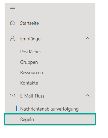 Linke Navigation des Exchange Admin Centers mit den Bereichen Empfänger und E-Mail-Fluss. Markiert ist der Eintrag Regeln unterhalb von Nachrichtenablaufverfolgung.