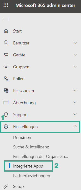 Microsoft 365 Admin Center, linke Navigation mit dem markierten Menüpunkt Einstellungen (1). Im aufgeklappten Untermenü ist der Eintrag Integrierte Apps (2) hervorgehoben, darüber unter anderem Domänen und Suche und Intelligenz.