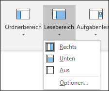 Outlook-Menüband, Registerkarte Ansicht mit geöffnetem Dropdown-Menü Lesebereich. Zur Auswahl stehen die Optionen Rechts, Unten, Aus und Optionen.