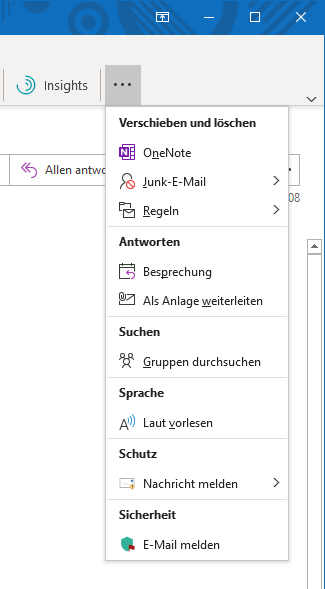Outlook-Menüband im vereinfachten Modus mit geöffnetem Weitere-Befehle-Menü. Unter Sicherheit ist der Eintrag E-Mail melden zu finden, weitere Gruppen sind Verschieben und löschen, Antworten, Suchen und Sprache.