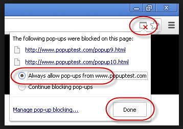 Browserleiste mit der Meldung, dass Pop-ups von der Website blockiert wurden, hier beispielhaft von www.popuptest.com mit zwei blockierten Pop-up-Links. Zur Auswahl stehen Radiobuttons zum Zulassen oder weiteren Blockieren sowie die Schaltfläche Done.