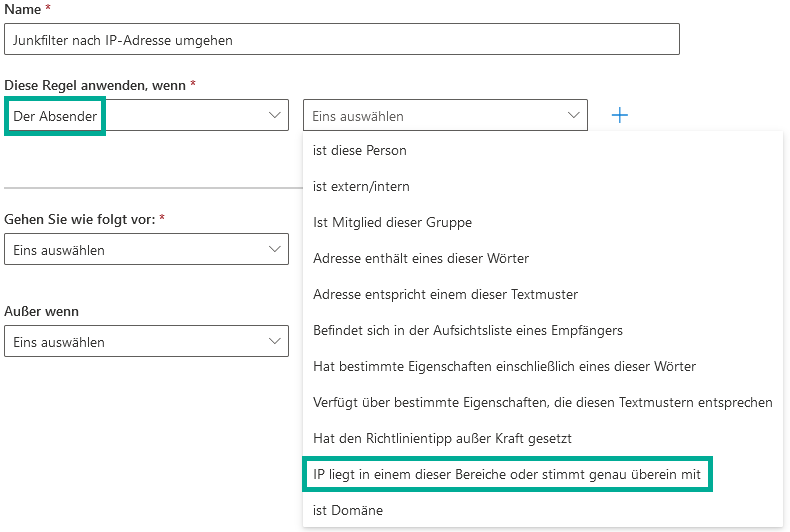 Dieselbe Regel mit der Bedingung Diese Regel anwenden wenn auf Der Absender gesetzt. Im geöffneten Dropdown-Menü ist die Option IP liegt in einem dieser Bereiche oder stimmt genau überein mit markiert.