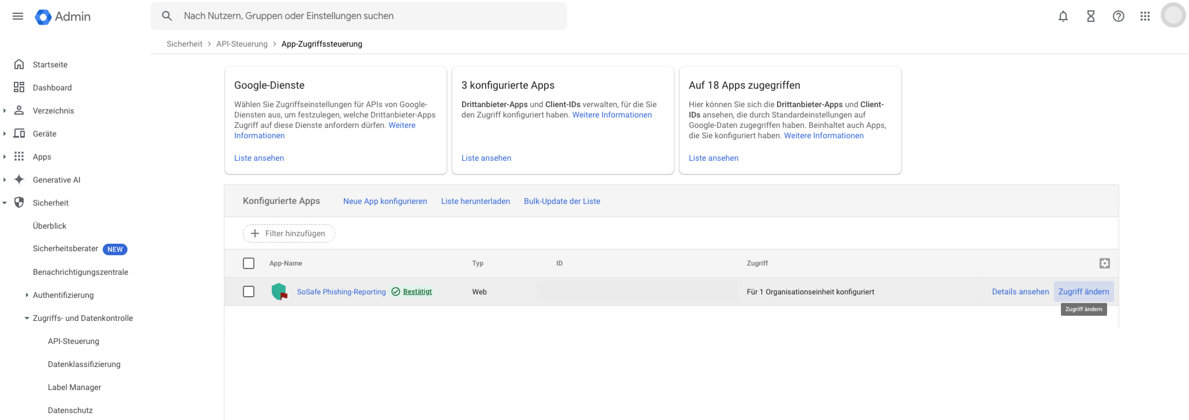 Google Admin App-Zugriffssteuerung mit der Liste konfigurierter Apps. Neben dem Eintrag SoSafe Phishing-Reporting ist der Link Zugriff ändern markiert, daneben der Link Details ansehen.