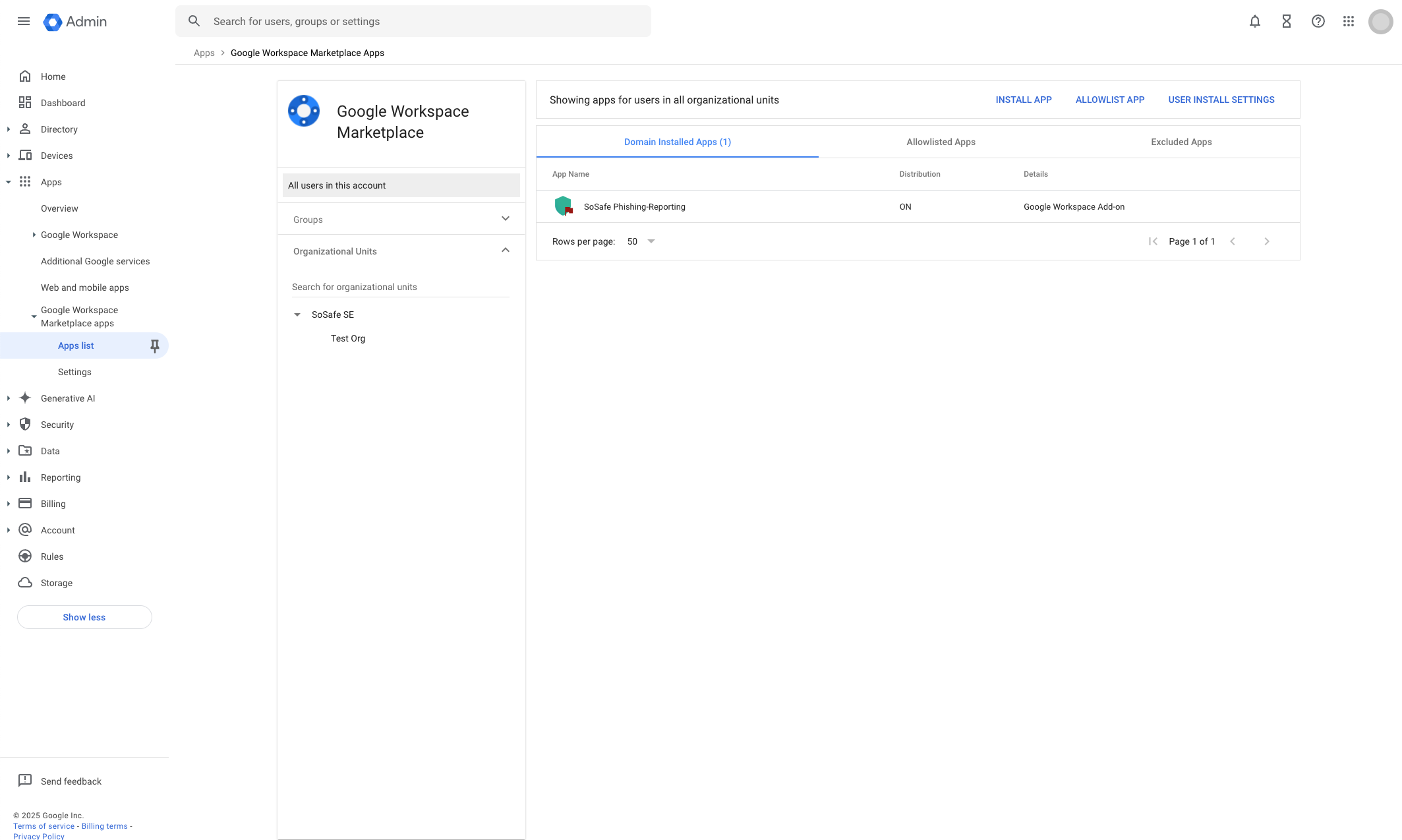 Google Admin-Konsole, Bereich Google Workspace Marketplace Apps auf dem Tab Domain Installed Apps. Der Eintrag SoSafe Phishing-Reporting ist mit Distribution ON und als Google Workspace Add-on aufgeführt.