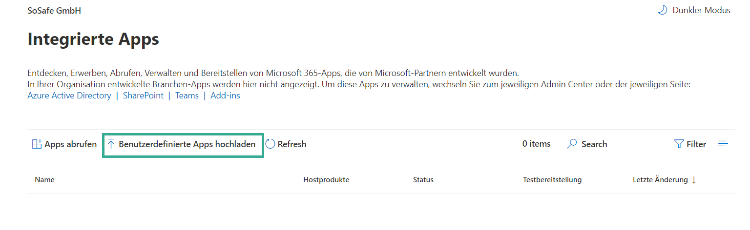 Seite Integrierte Apps im Microsoft 365 Admin Center mit noch keinen installierten Apps. Die Schaltfläche Benutzerdefinierte Apps hochladen ist markiert, daneben die Optionen Apps abrufen und Refresh.