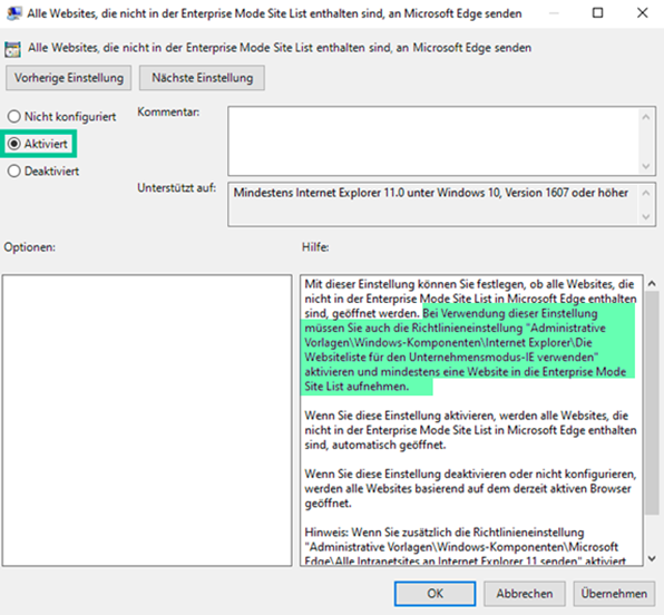 Richtliniendialog Alle Websites, die nicht in der Enterprise Mode Site List enthalten sind, an Microsoft Edge senden mit ausgewählter Option Aktiviert, darunter die Schaltflächen OK, Abbrechen und Übernehmen.