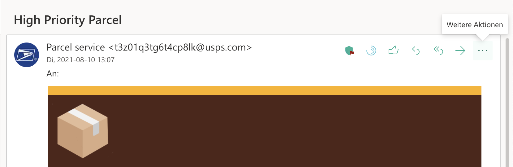 E-Mail-Vorschau in Outlook Web App mit der Nachricht High Priority Parcel. Oben rechts ist der Weitere-Aktionen-Button (...) mit Tooltipp markiert, daneben stehen bereits Symbole wie der SoSafe Phishing-Meldebutton und Sync.