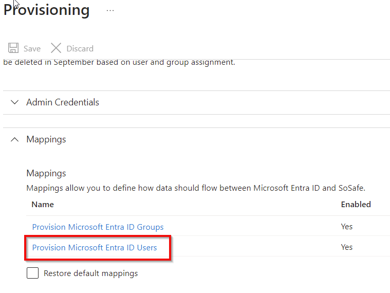 Provisioning-Seite in Microsoft Entra ID mit der Liste Mappings. Der Eintrag Provision Microsoft Entra ID Users ist markiert, daneben steht Provision Microsoft Entra ID Groups, beide mit Status Enabled: Yes.