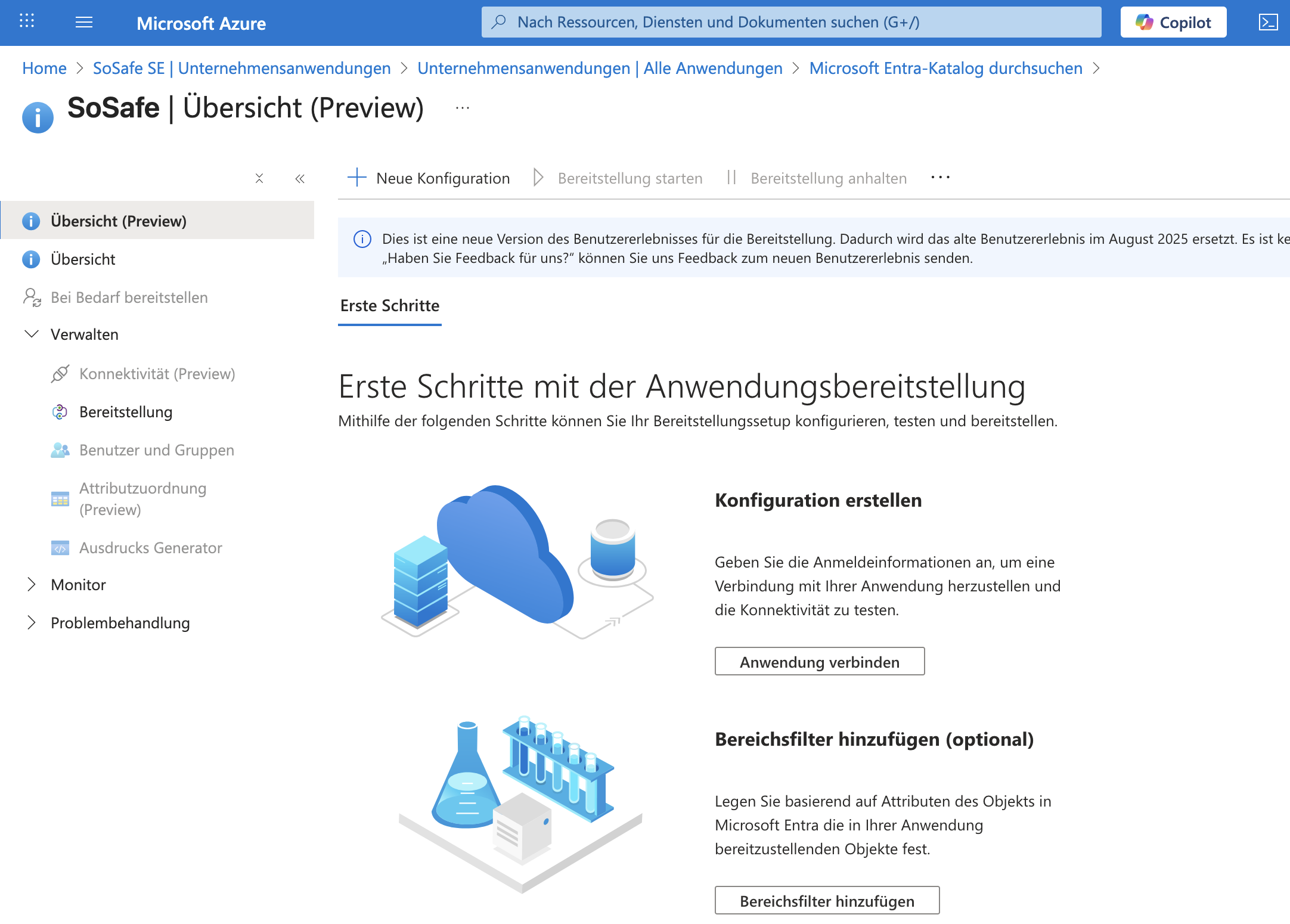 Microsoft Azure, Bereich Bereitstellung der SoSafe-Anwendung auf dem Tab Erste Schritte mit der Schaltfläche Neue Konfiguration oben links. Darunter die Kacheln Konfiguration erstellen mit Anwendung verbinden und Bereichsfilter hinzufügen.
