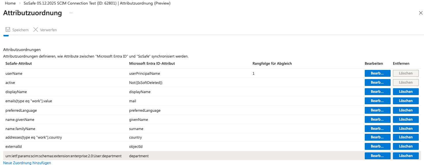 Attributzuordnung in Microsoft Entra ID mit der Tabelle der SoSafe-Attribute und der zugehörigen Entra ID-Attribute, unter anderem userName zu userPrincipalName, displayName, emails, preferredLanguage, givenName, familyName, country, externalId und department.