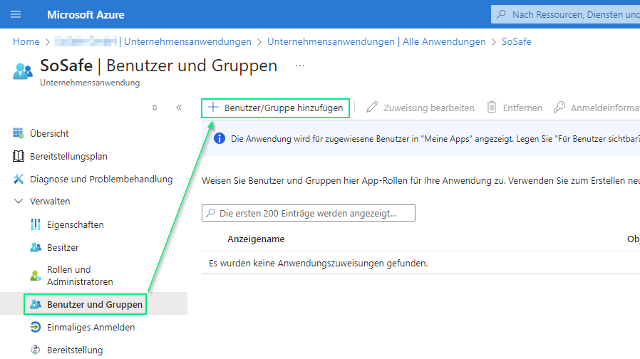 Microsoft Azure, Seite SoSafe Benutzer und Gruppen der Unternehmensanwendung. Die Schaltfläche Benutzer/Gruppe hinzufügen ist markiert, darunter die noch leere Liste der zugewiesenen Benutzer und Gruppen.