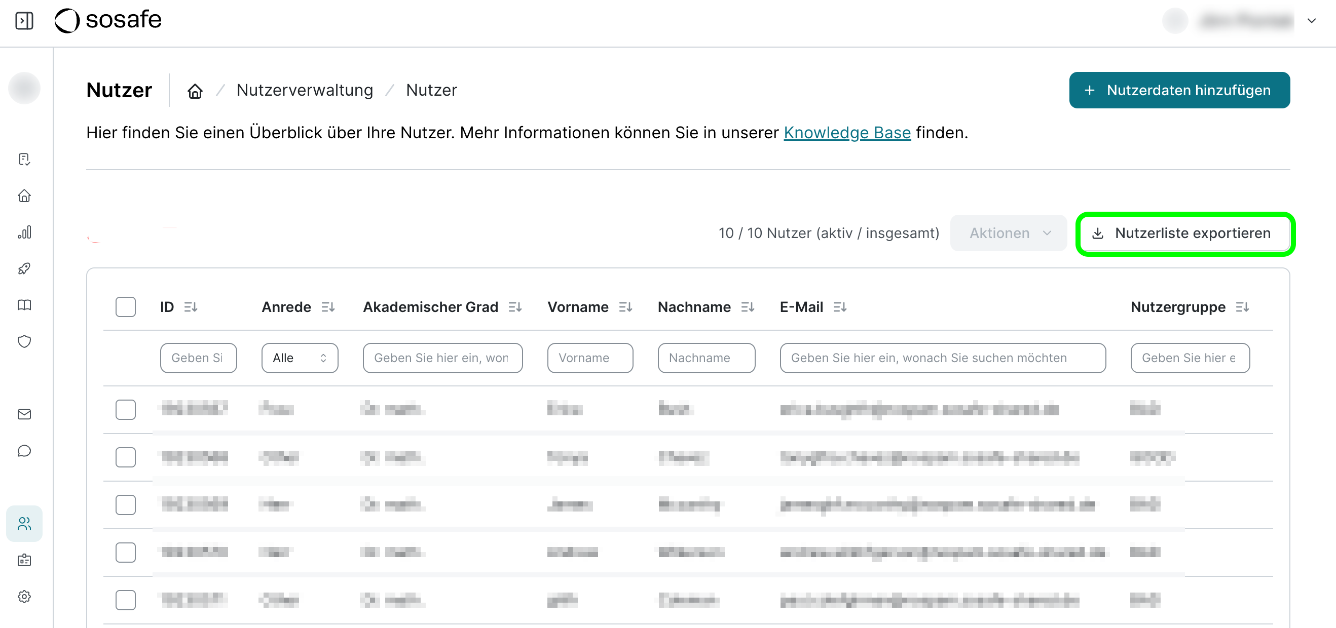 SoSafe Manager, Seite Nutzer in der Nutzerverwaltung mit der Schaltfläche Nutzerliste exportieren oben rechts markiert, darunter die Tabelle der bestehenden Nutzerinnen und Nutzer mit Spalten wie ID, Anrede, Vorname, Nachname und E-Mail.