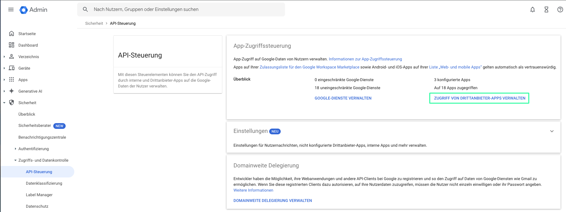 Google Admin Sicherheit, Bereich API-Steuerung mit der Kachel App-Zugriffssteuerung. Der Link Zugriff von Drittanbieter-Apps verwalten ist markiert, daneben die Optionen Google-Dienste verwalten und Domainweite Delegierung.