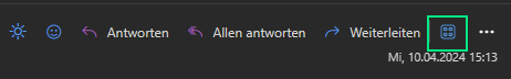 Symbolleiste der neuen Outlook-Version über einer E-Mail mit Antworten, Allen antworten und Weiterleiten. Rechts davon ist das grün umrandete Apps-Symbol markiert, hinter dem sich der Phishing-Meldebutton verbirgt.
