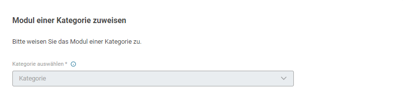 SoSafe Manager, Ausschnitt der SCORM-Modul-Seite mit dem Abschnitt Modul einer Kategorie zuweisen und dem noch leeren Dropdown-Feld Kategorie auswählen.