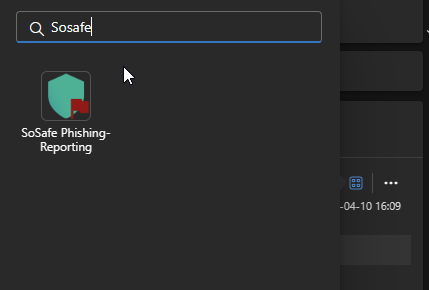 Such-Overlay der neuen Outlook-Version mit dem Suchbegriff Sosafe. Als Ergebnis wird die App SoSafe Phishing-Reporting mit ihrem Symbol angezeigt, über die der Phishing-Meldebutton aufgerufen werden kann.