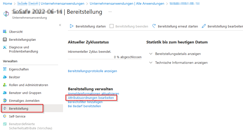 Bereitstellungsseite einer Unternehmensanwendung in Microsoft Entra ID mit markiertem Menüpunkt Bereitstellung. Im Bereich Bereitstellung verwalten ist der Link Attributzuordnungen bearbeiten hervorgehoben.
