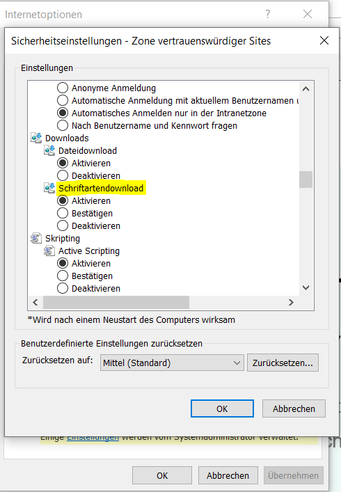 Sicherheitseinstellungen für die Zone Vertrauenswürdiger Sites im Internet Explorer mit hervorgehobener Option Schriftartendownload, die auf Aktivieren gesetzt ist.