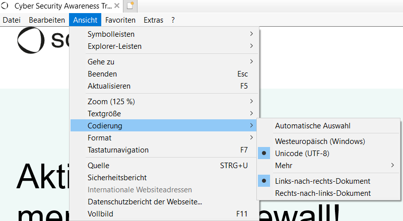 Internet-Explorer-Menü Ansicht mit geöffnetem Untermenü Codierung. Ausgewählt sind Unicode (UTF-8) sowie Links-nach-rechts-Dokument, weitere Optionen sind Automatische Auswahl und Westeuropäisch (Windows).