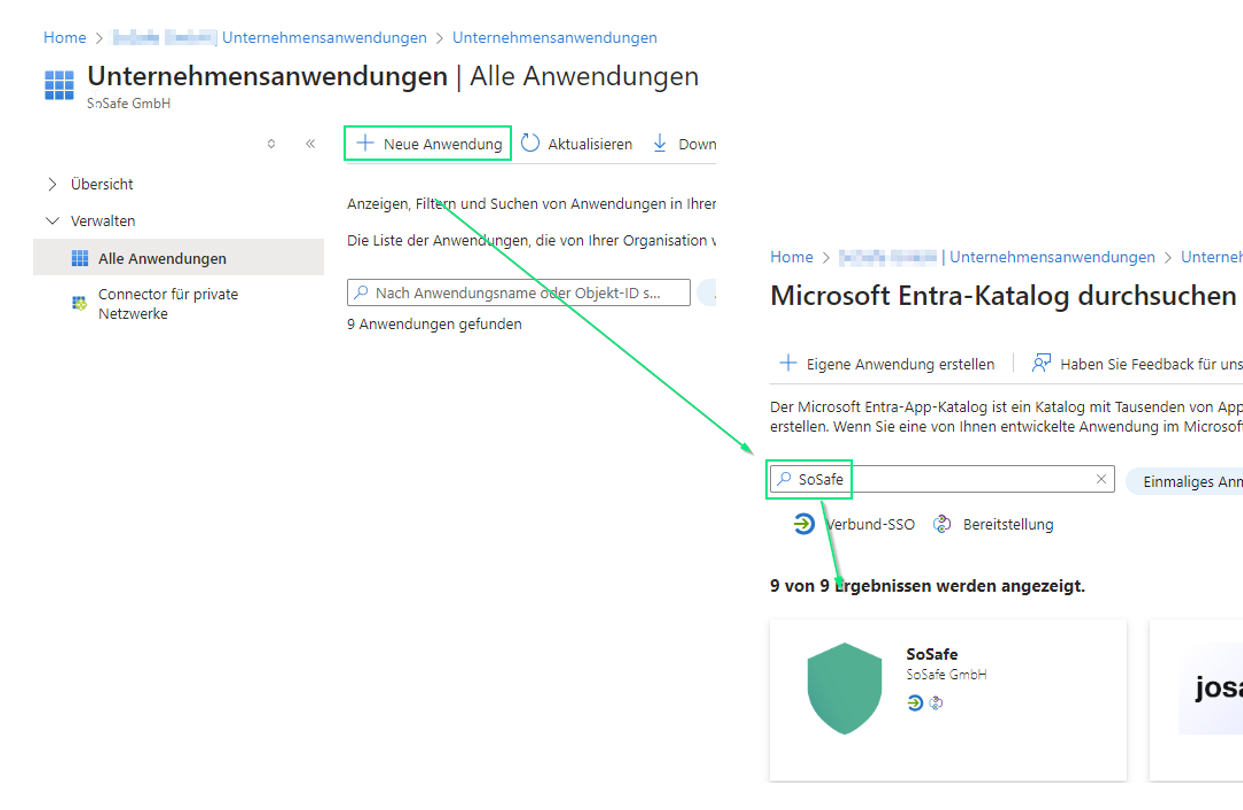 Microsoft Azure, Seite Unternehmensanwendungen mit der Liste Alle Anwendungen. Die Schaltfläche Neue Anwendung ist markiert, daneben führt ein Pfeil zum Suchfeld im Microsoft Entra-Katalog mit dem Suchbegriff SoSafe und dem gefundenen SoSafe-Eintrag.
