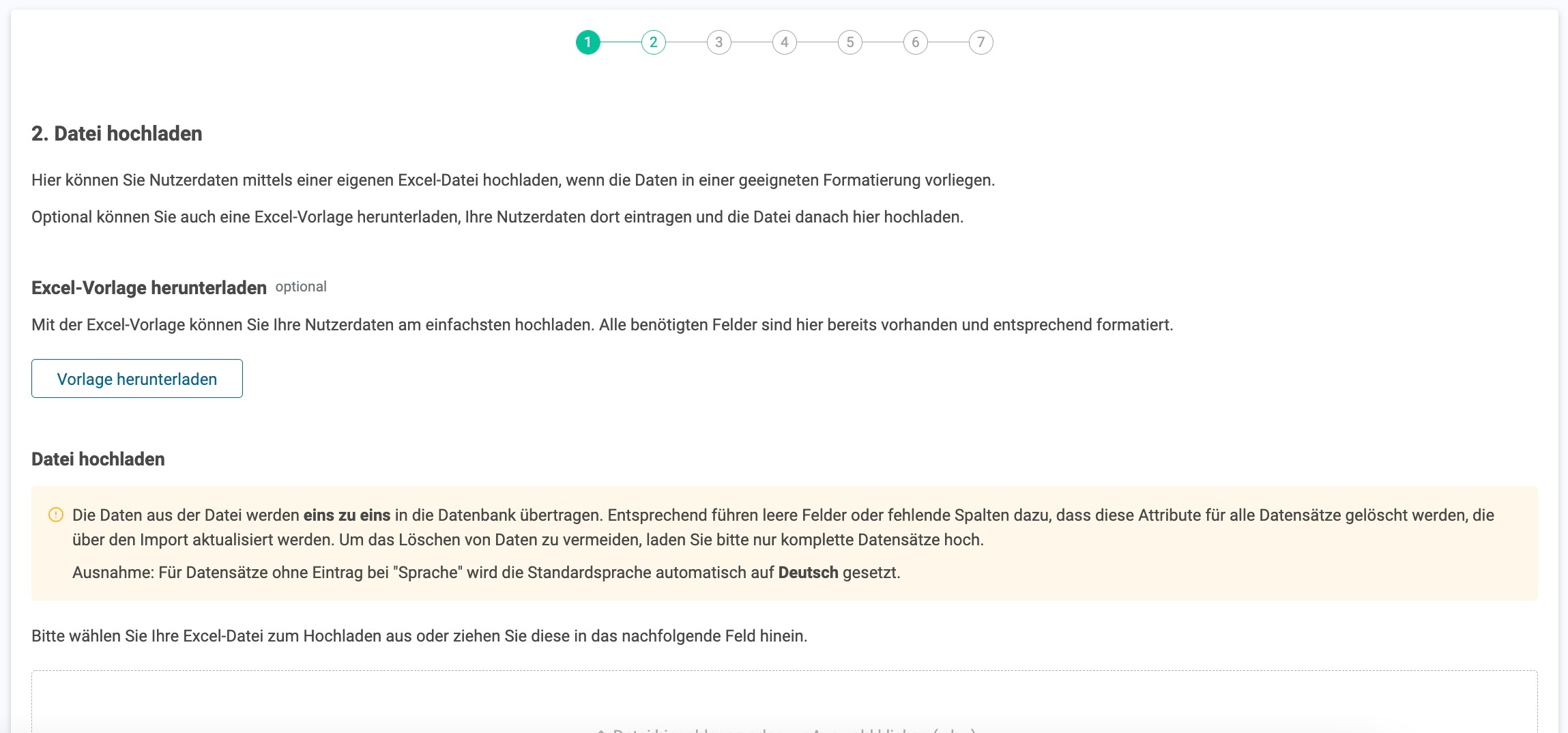SoSafe Manager, Schritt Datei hochladen der Nutzerverwaltung mit der Schaltfläche Vorlage herunterladen und dem Upload-Bereich für die Excel-Datei mit den zu löschenden Datensätzen.