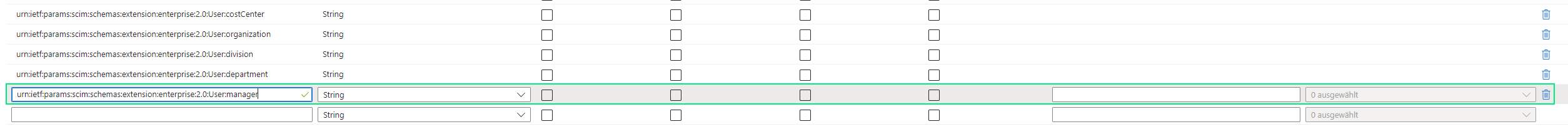 Dieselbe Attributliste für SoSafe-User, nun mit dem Attribut manager auf den Typ String gesetzt und ohne ausgewähltes Referenzattribut in der entsprechenden Spalte.