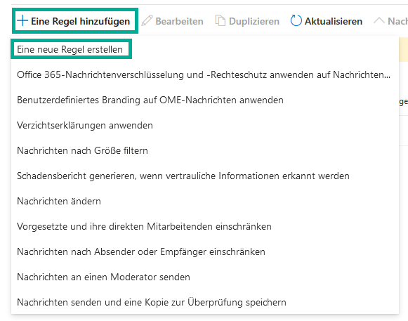 Exchange Admin Center, Regeln-Seite mit geöffnetem Menü Eine Regel hinzufügen. Markiert ist der Eintrag Eine neue Regel erstellen, darunter befinden sich vorgefertigte Regelvorlagen wie Nachrichten nach Größe filtern und Nachrichten an einen Moderator senden.