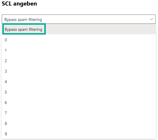 Dropdown-Menü SCL angeben mit der Werteliste 0 bis 9. Markiert ist die Option Bypass spam filtering am oberen Rand der Liste.