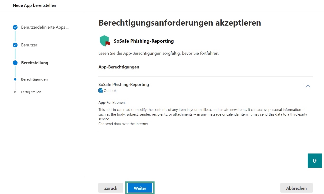 Dritter Schritt Berechtigungsanforderungen akzeptieren mit der Beschreibung der App-Funktionen von SoSafe Phishing-Reporting für Outlook, unter anderem Lesen und Ändern von Postfachinhalten. Die Schaltfläche Weiter ist markiert.