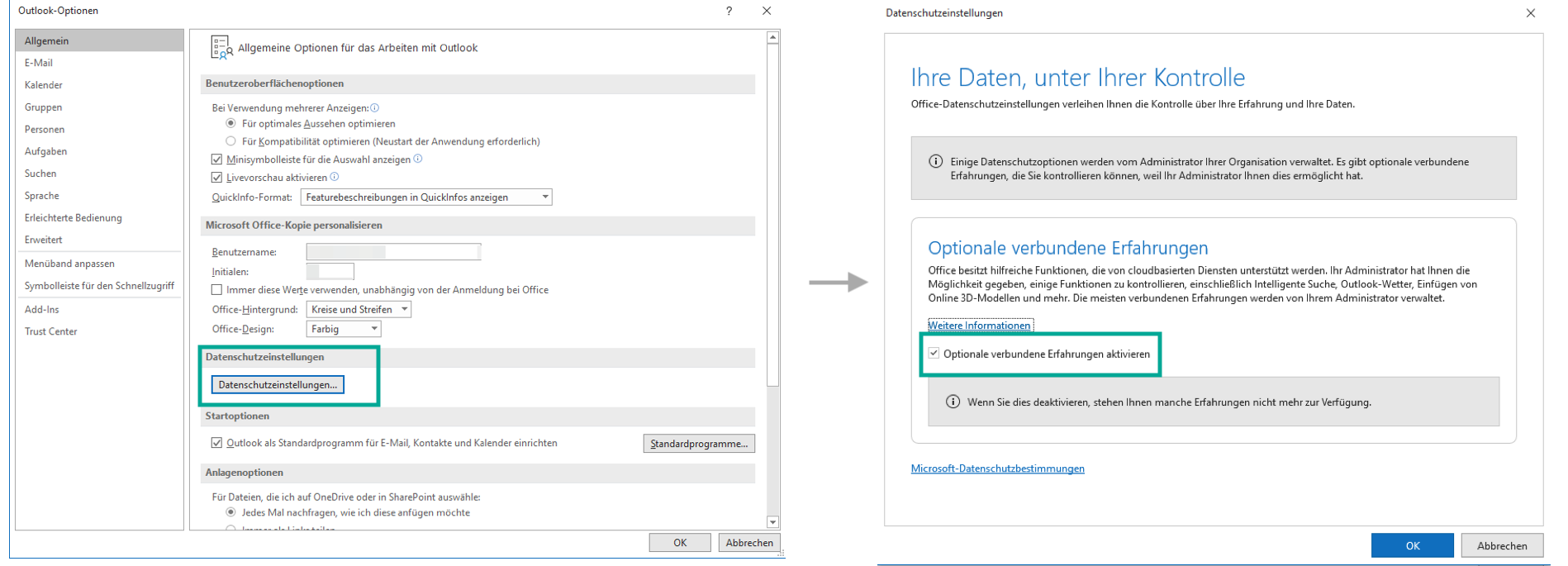 Zwei verknüpfte Dialogfenster der Outlook-Optionen: links die Allgemein-Seite mit markierter Schaltfläche Datenschutzeinstellungen, rechts der Dialog mit markiertem Kästchen Optionale verbundene Erfahrungen aktivieren.