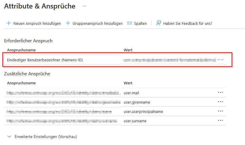Detailseite Attribute & Ansprüche in Microsoft Entra ID mit markierter Zeile Eindeutiger Benutzerbezeichner (Namens-ID) unter Erforderlicher Anspruch. Darunter folgen zusätzliche Ansprüche wie user.mail, user.givenname und user.surname.