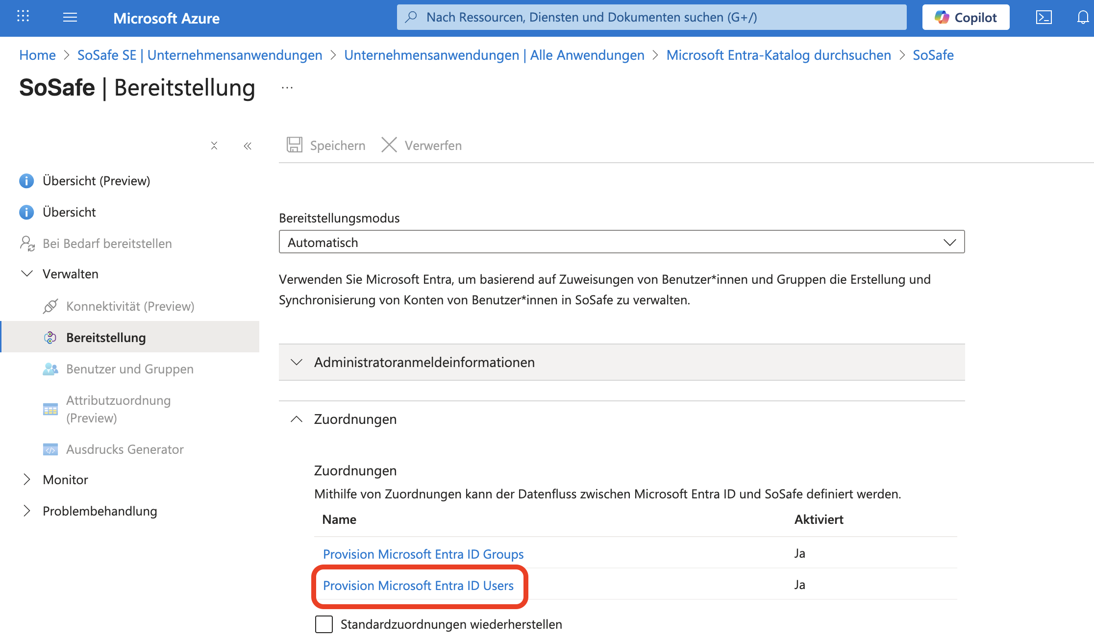 Microsoft Azure, Bereich SoSafe Bereitstellung mit ausgeklapptem Abschnitt Zuordnungen. Der Eintrag Provision Microsoft Entra ID Users ist rot markiert, daneben steht Provision Microsoft Entra ID Groups, beide mit Status Aktiviert Ja.