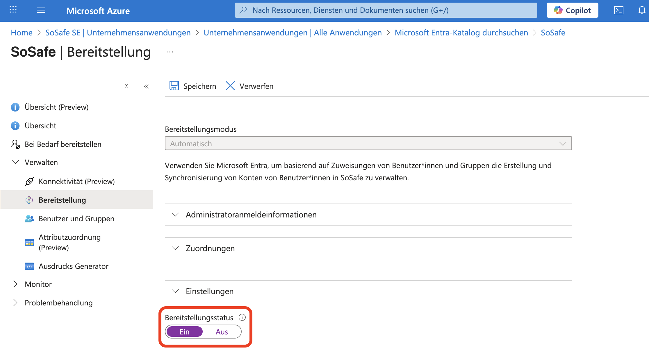 Microsoft Azure, Bereich SoSafe Bereitstellung mit eingeklappten Abschnitten Administratoranmeldeinformationen, Zuordnungen und Einstellungen. Der Schalter Bereitstellungsstatus ist rot markiert und auf Ein gestellt.