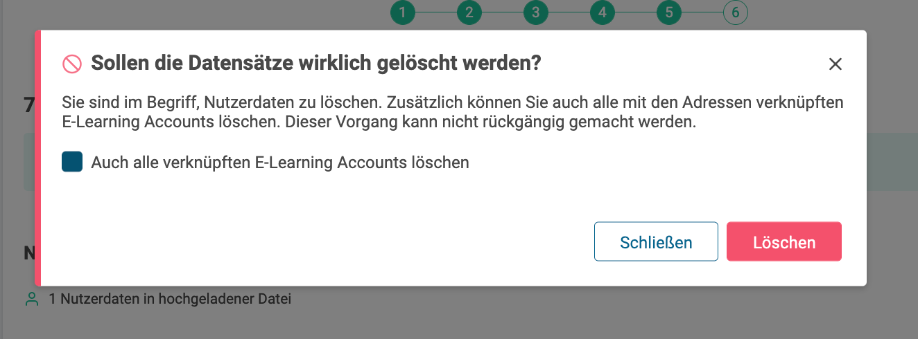 SoSafe Manager, Bestätigungsdialog mit der Frage, ob die Datensätze wirklich gelöscht werden sollen, mit der Option Auch alle verknüpften E-Learning Accounts löschen sowie den Schaltflächen Schließen und Löschen.
