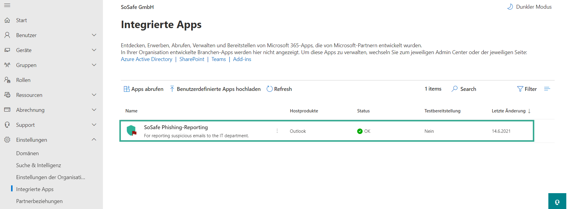 Seite Integrierte Apps mit dem installierten Eintrag SoSafe Phishing-Reporting, markiert in der Liste. Status OK, Hostprodukt Outlook, Testbereitstellung Nein.