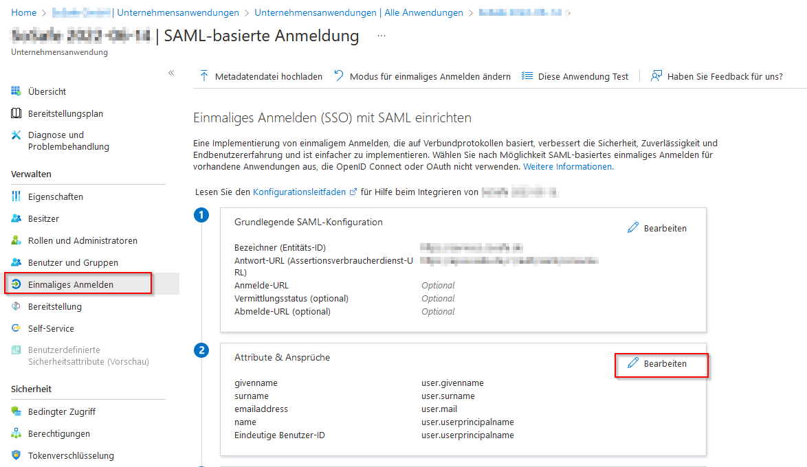 Seite SAML-basierte Anmeldung in Microsoft Entra ID mit markiertem Menüpunkt Einmaliges Anmelden. In Box 2, Attribute & Ansprüche, ist die Schaltfläche Bearbeiten hervorgehoben, darunter Felder wie emailaddress und Eindeutige Benutzer-ID.