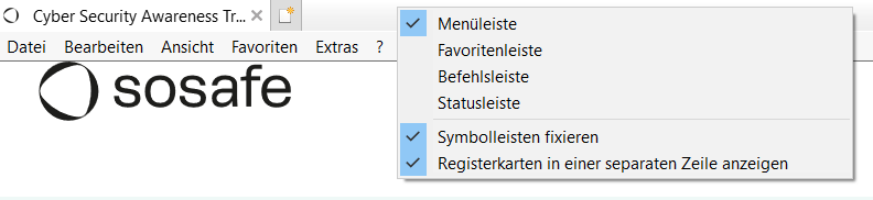 Rechtsklick-Kontextmenü im Internet Explorer mit angehaktem Eintrag Menüleiste. Weitere wählbare Optionen sind Favoritenleiste, Befehlsleiste und Statusleiste sowie Symbolleisten fixieren.