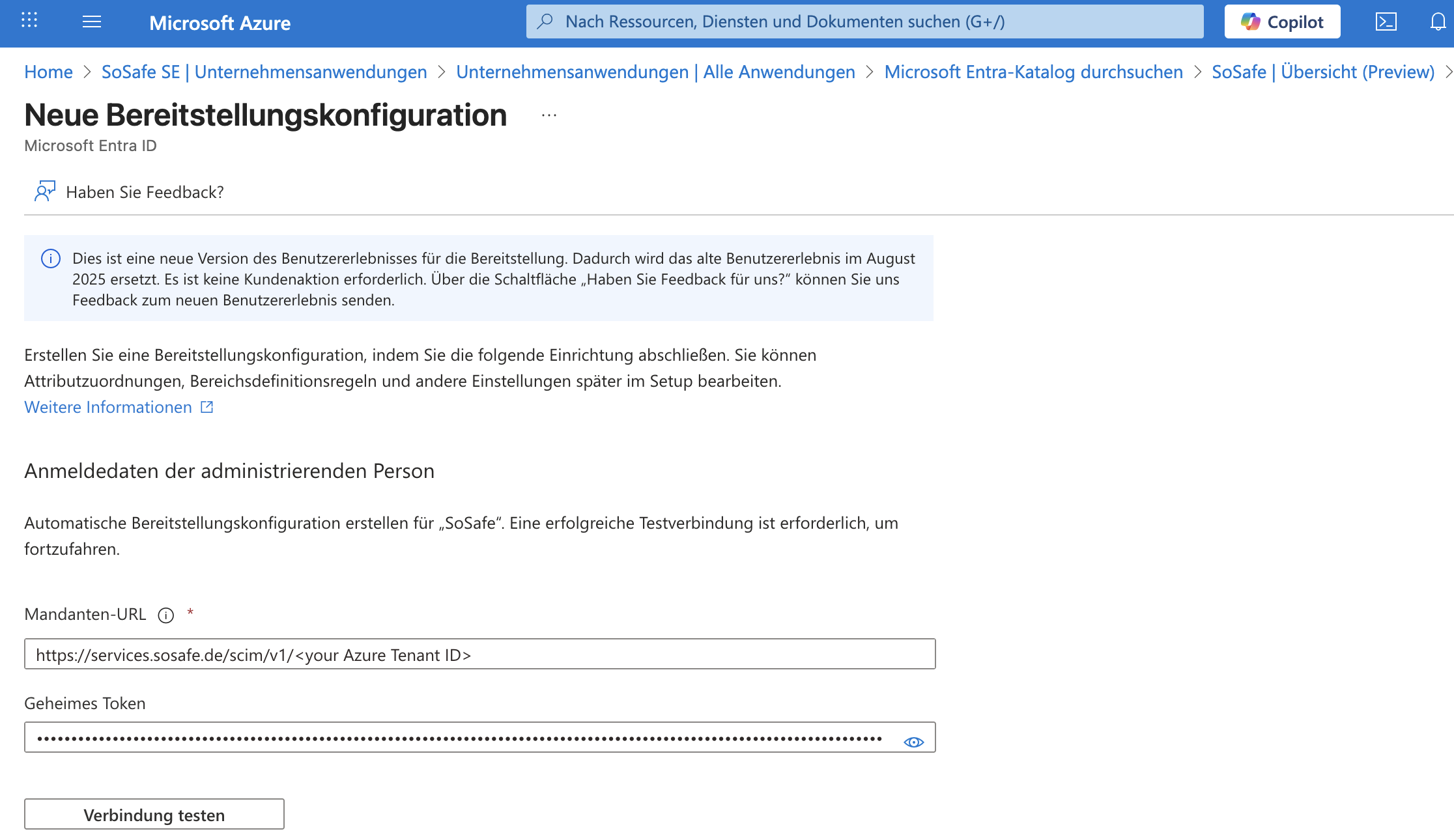 Dialog Neue Bereitstellungskonfiguration in Microsoft Entra ID mit den Feldern Mandanten-URL und Geheimes Token unter Anmeldedaten der administrierenden Person, darunter die Schaltfläche Verbindung testen.