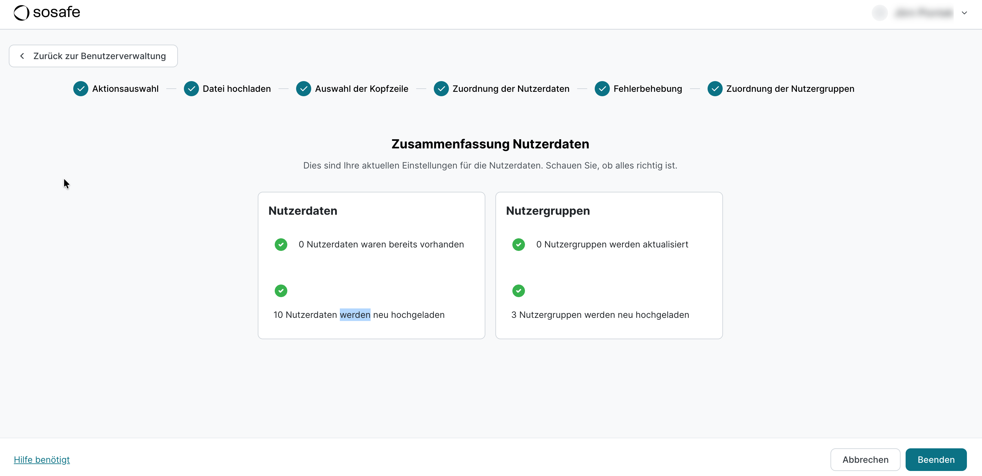 SoSafe Manager, abschließende Zusammenfassung Nutzerdaten des Imports mit den Kacheln Nutzerdaten und Nutzergruppen. Sie zeigen jeweils, wie viele Datensätze bereits vorhanden waren und wie viele neu hochgeladen werden.