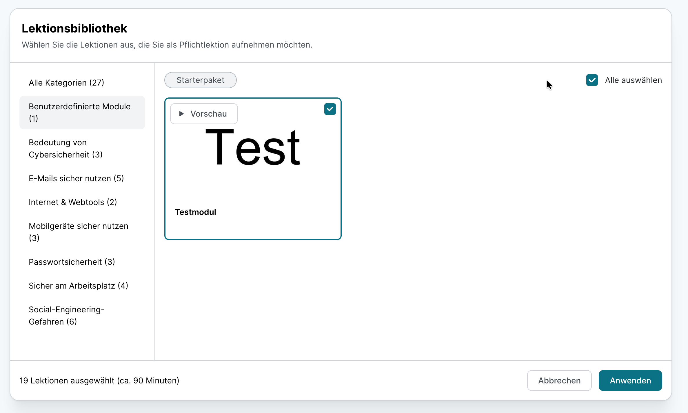 SoSafe Manager, Dialog Lektionsbibliothek in der Kursverwaltung mit der Kategorieliste links, dort ist der Filter Benutzerdefinierte Module ausgewählt. Rechts ist die Karte Testmodul mit aktivierter Auswahl und der Schaltfläche Vorschau zu sehen.