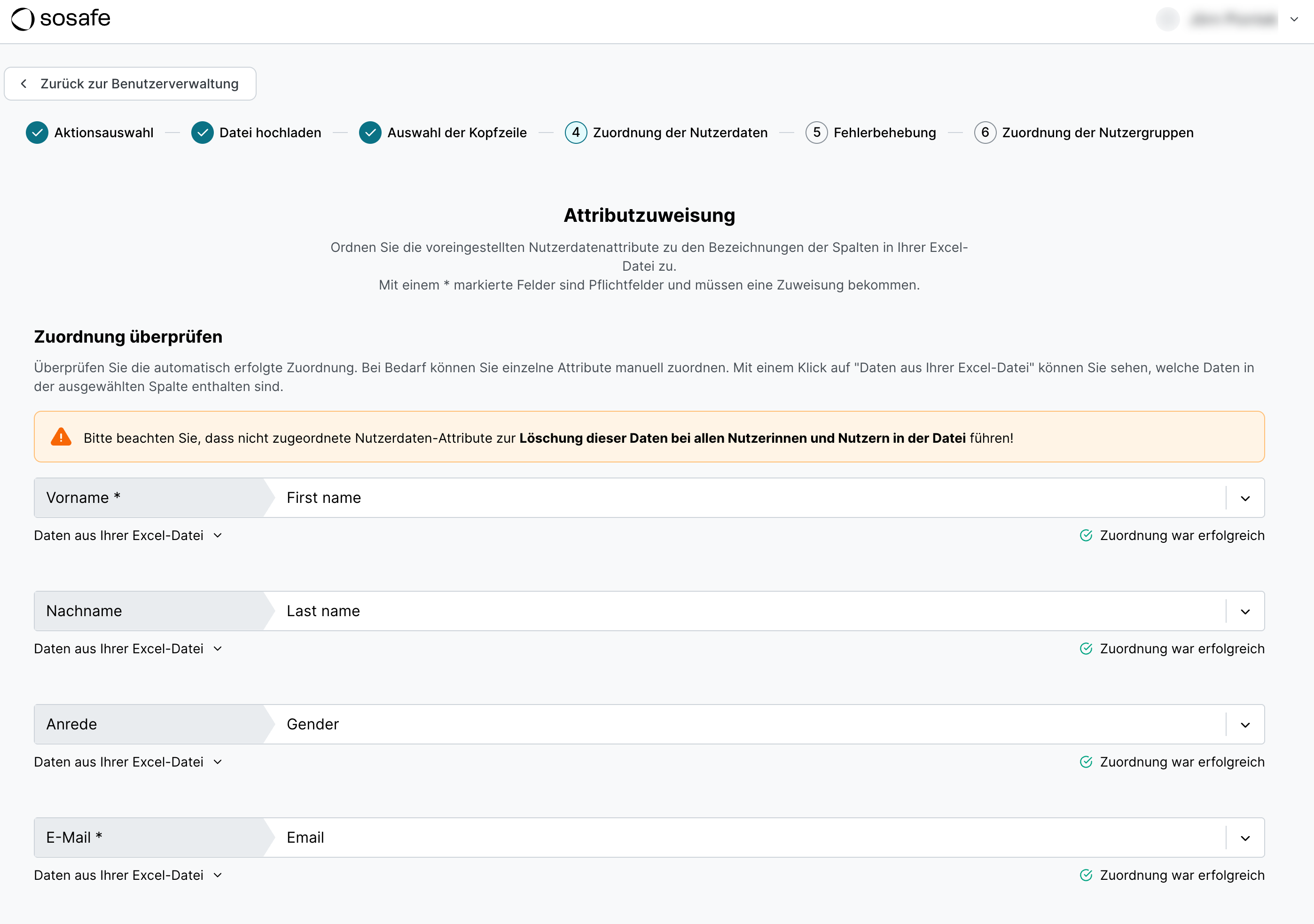 SoSafe Manager, Schritt Zuordnung der Nutzerdaten mit der Attributzuweisung zwischen den SoSafe-Feldern Vorname, Nachname, Anrede und E-Mail und den entsprechenden Spalten der Excel-Datei, jeweils mit dem Hinweis Zuordnung war erfolgreich.