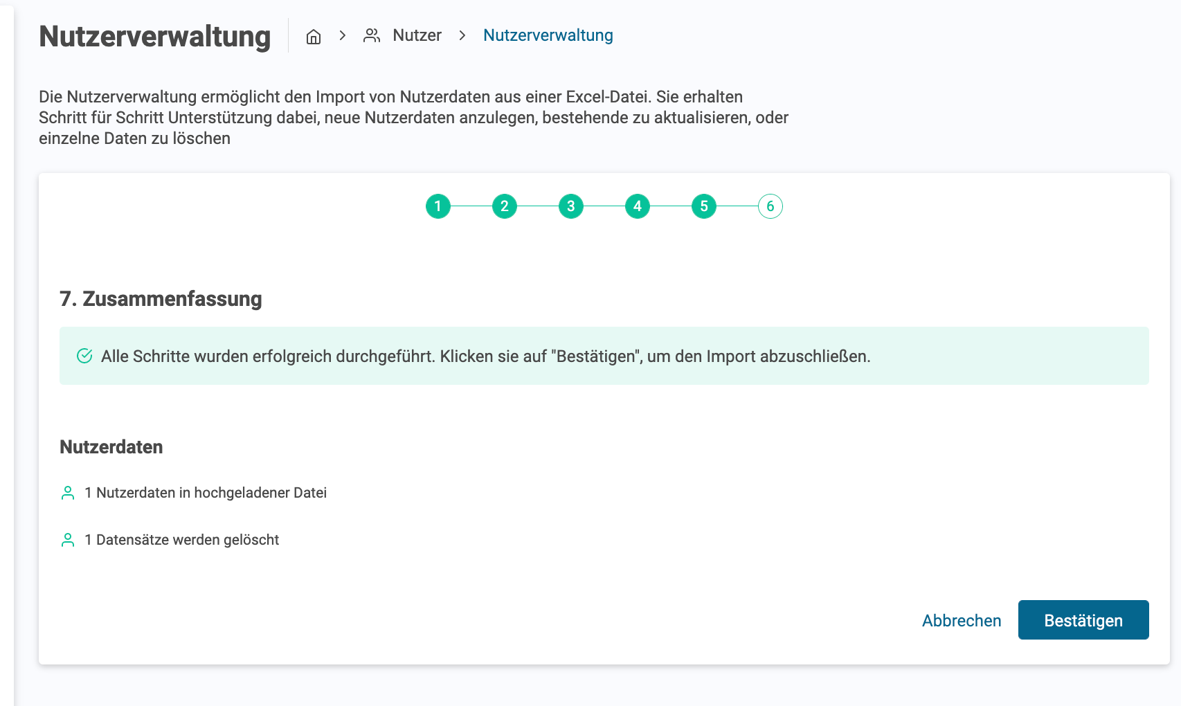 SoSafe Manager, abschließende Zusammenfassung der Nutzerverwaltung mit der Meldung, dass alle Schritte erfolgreich durchgeführt wurden. Darunter steht, dass ein Datensatz aus der hochgeladenen Datei gelöscht wird.