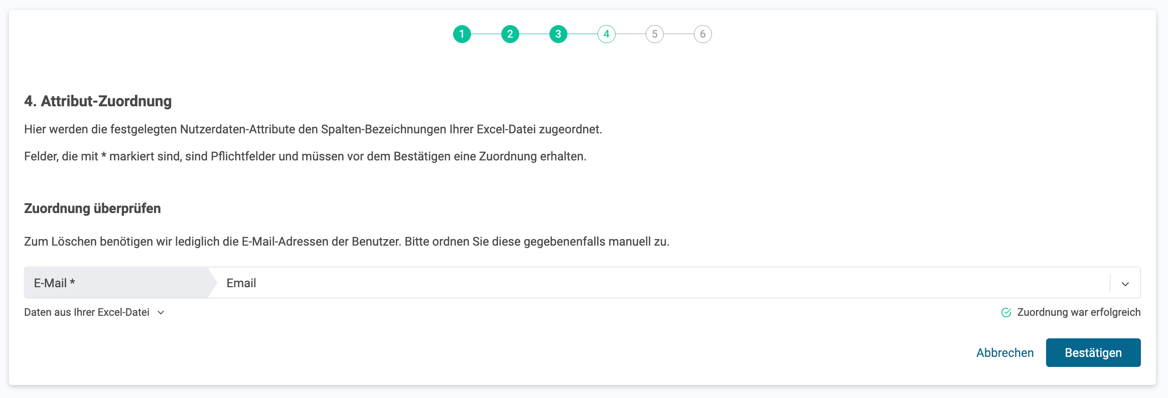 SoSafe Manager, Schritt Attribut-Zuordnung beim Löschen von Nutzerdaten mit dem Hinweis, dass nur die E-Mail-Adresse zugeordnet werden muss. Das Feld E-Mail ist bereits erfolgreich der Excel-Spalte Email zugeordnet.