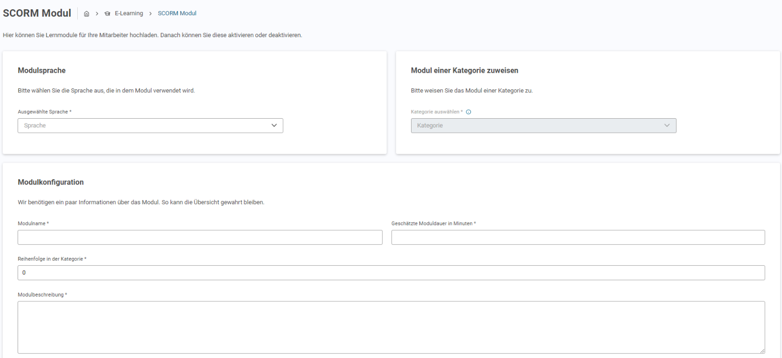 SoSafe Manager, Seite SCORM Modul in der E-Learning-Plattform mit den Abschnitten Modulsprache und Modul einer Kategorie zuweisen. Darunter die Modulkonfiguration mit den Feldern Modulname, Geschätzte Moduldauer in Minuten, Reihenfolge in der Kategorie und Modulbeschreibung.