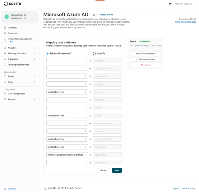 SoSafe Manager Seite Microsoft Azure AD mit Dropdown-Feldern zur Zuordnung von Azure-AD-Feldern zu Attributen wie manager, first_name, department und cost_center, sowie den Schaltflächen Discard und Save. Rechts der Status Connected mit dem Zeitpunkt der letzten Synchronisierung.