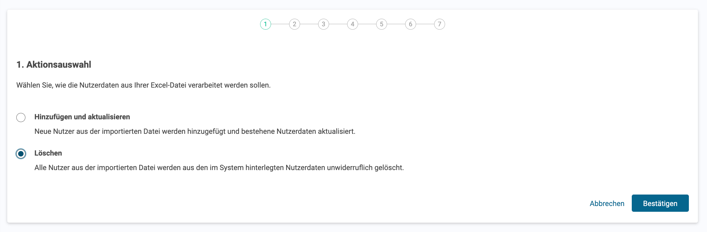 SoSafe Manager, Schritt Aktionsauswahl der Nutzerverwaltung mit der ausgewählten Option Löschen, bei der alle Nutzer aus der importierten Datei unwiderruflich aus dem System entfernt werden.