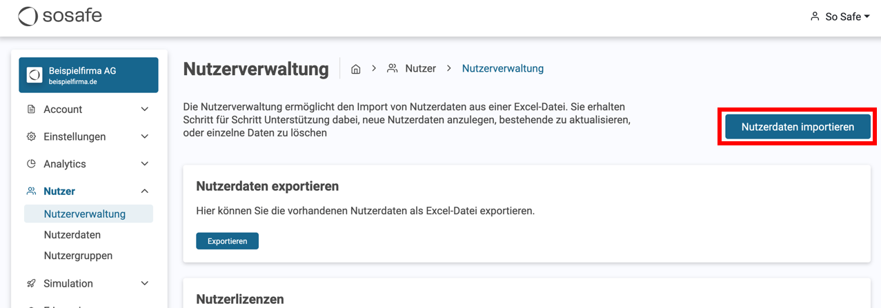 SoSafe Manager, Seite Nutzerverwaltung mit der Schaltfläche Nutzerdaten importieren oben rechts markiert. Darunter die Kachel Nutzerdaten exportieren zum Export der vorhandenen Nutzerdaten als Excel-Datei.
