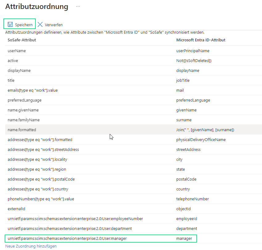 Seite Attributzuordnung in Microsoft Entra ID mit der Schaltfläche Speichern oben links markiert, sowie die neu hinzugefügte Zuordnung des Attributs manager unten in der Tabelle mit den Spalten SoSafe-Attribut und Microsoft Entra ID-Attribut markiert.
