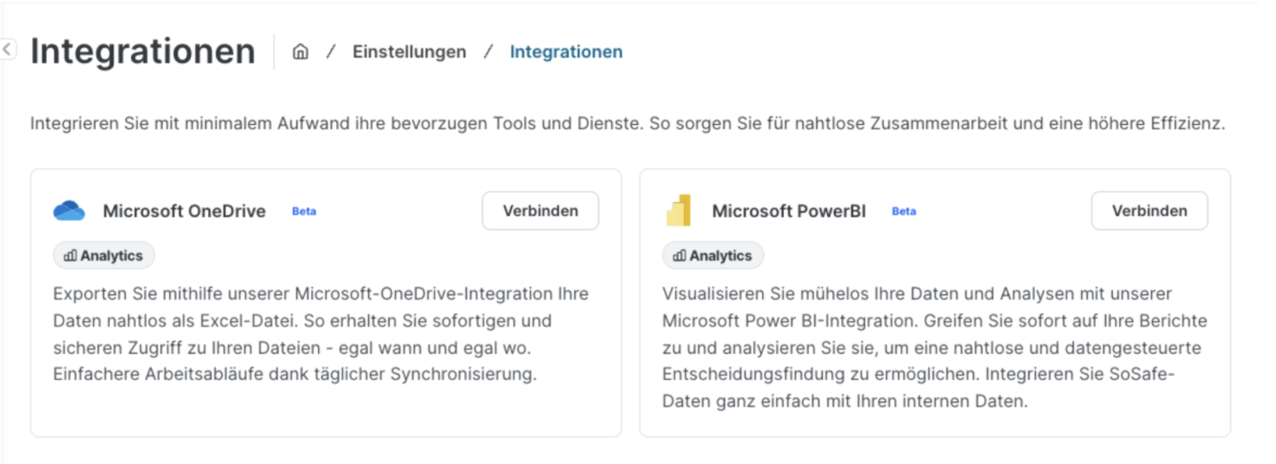 SoSafe Manager Seite Einstellungen, Integrationen mit den Kacheln Microsoft OneDrive und Microsoft PowerBI, jeweils mit der Schaltfläche Verbinden und der Kategorie Analytics.