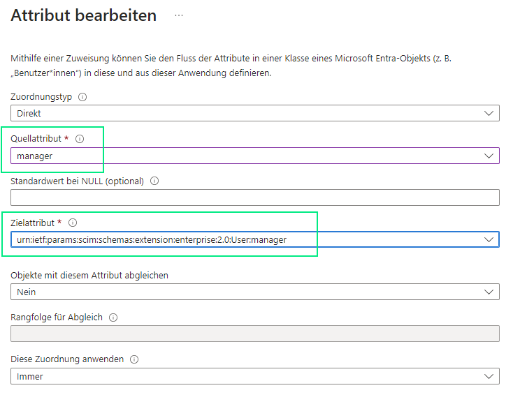 Dialog Attribut bearbeiten in Microsoft Entra ID mit Zuordnungstyp Direkt, dem markierten Quellattribut manager und dem markierten Zielattribut, der Manager-URI aus dem Enterprise-Schema, darunter die Option Objekte mit diesem Attribut abgleichen auf Nein.